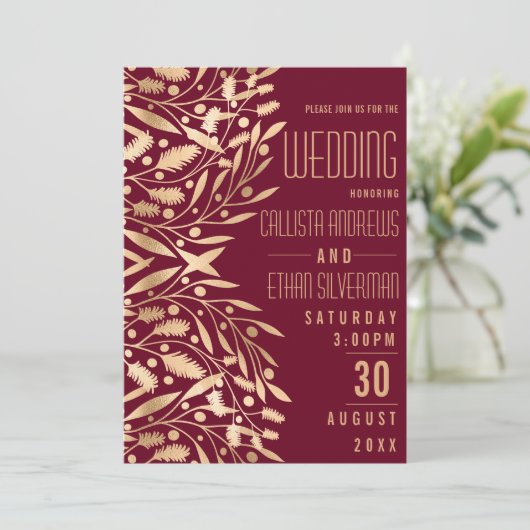 シックエレガントバーガンディ金ゴールドフローラの結婚葉 招待状 (スタンド正面)