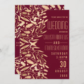 シックエレガントバーガンディ金ゴールドフローラの結婚葉 招待状 (正面/裏面)