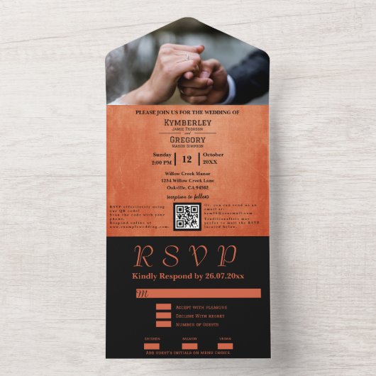 シックエレガントバーニングオレンジRSVPオールインワン結婚ズ オールインワン招待状 (内側)