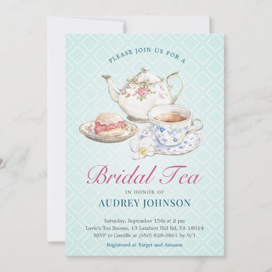 シックエレガントパステルブライダルシャワーティーフローラ 招待状 (正面)