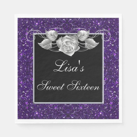 シックエレガントパープルグリッターシルバーバラスウィート16 スタンダードランチョンナプキン (正面)