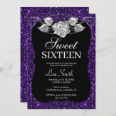 シックエレガントパープルグリッターシルバーバラスウィート16 招待状 (正面/裏面)