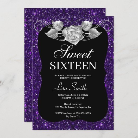 シックエレガントパープルグリッターシルバーバラスウィート16 招待状 (正面/裏面)