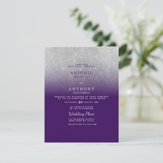 シックエレガントパープルシルバーグリッターグラデーションス結婚ズ 招待状 (スタンド正面)