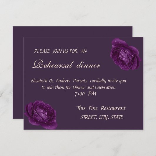 シックエレガントパープルバラリハーサルディナー 招待状 (正面/裏面)
