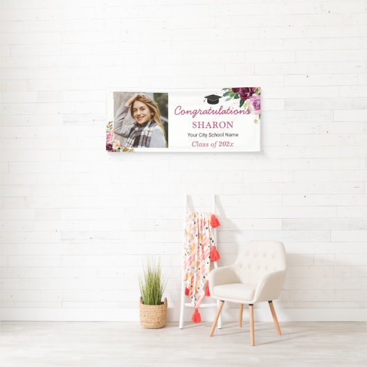 シックエレガントパープルフローラ写真卒業パーティー 横断幕 (インサイチュ)