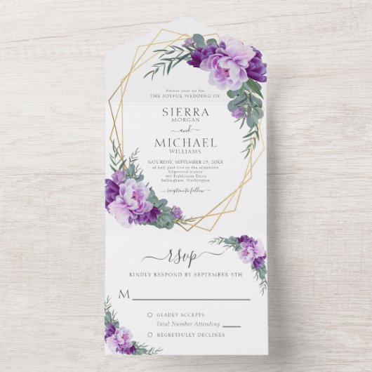 シックエレガントパープル&金ゴールドフローラ結婚ズ オールインワン招待状 (内側)