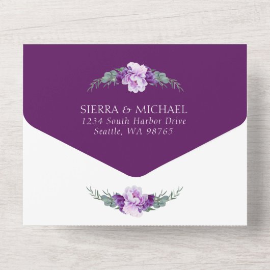 シックエレガントパープル&金ゴールドフローラ結婚ズ オールインワン招待状 (裏面)