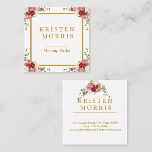 シックエレガントピガーリーンクフローラ金ゴールドフレームパーソナル スクエア名刺 (正面/裏面)