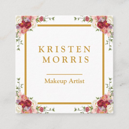 シックエレガントピガーリーンクフローラ金ゴールドフレームパーソナル スクエア名刺 (正面)