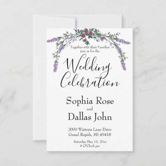 シックエレガントピンクのローズラベンダーユーカリ結婚ス 招待状 (正面)