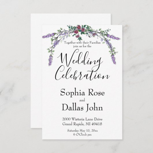 シックエレガントピンクのローズラベンダーユーカリ結婚ス 招待状 (正面/裏面)