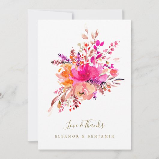 シックエレガントピンクウォーターフローラ結婚の写真 サンキューカード (正面)