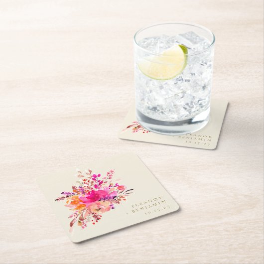 シックエレガントピンクウォーターフローラ結婚ズカスタム スクエアペーパーコースター (インサイチュ)