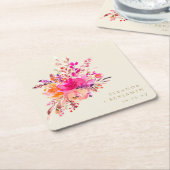 シックエレガントピンクウォーターフローラ結婚ズカスタム スクエアペーパーコースター (アングル)