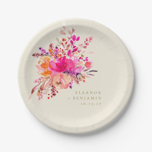 シックエレガントピンクウォーターフローラ結婚ズカスタム ペーパープレート (正面)
