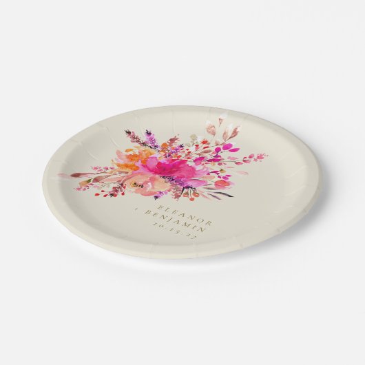 シックエレガントピンクウォーターフローラ結婚ズカスタム ペーパープレート (アングル)