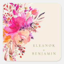 シックエレガントピンクウォーターフローラ結婚ズクリーム スクエアシール