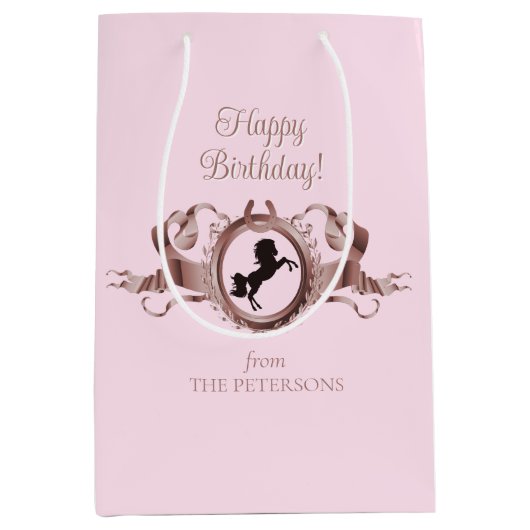 シックエレガントピンクエクエストランリボンクレスト名 ミディアムペーパーバッグ (正面)