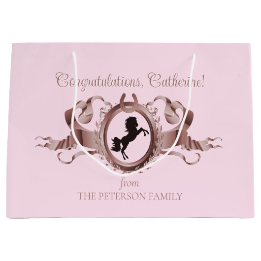 シックエレガントピンクエクエストランリボンクレスト名 ラージペーパーバッグ (正面)