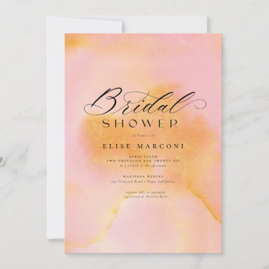 シックエレガントピンクオレンジ書道ブライダルシャワー 招待状 (正面)