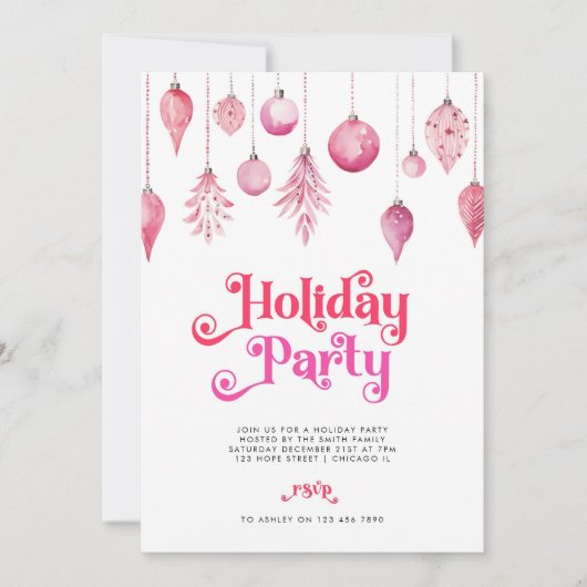 シックエレガントピンククリスマスホリデードリンクパーティー 招待状 (正面)