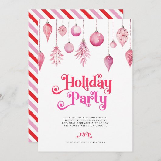 シックエレガントピンククリスマスホリデードリンクパーティー 招待状 (正面/裏面)