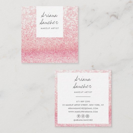 シックエレガントピンクグリッターグラムメイクアップアーティストホワイト スクエア名刺 (正面/裏面)