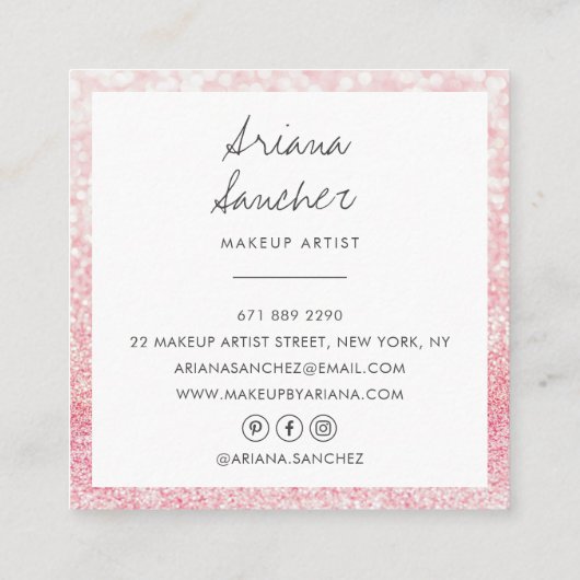 シックエレガントピンクグリッターグラムメイクアップアーティストホワイト スクエア名刺 (裏面)