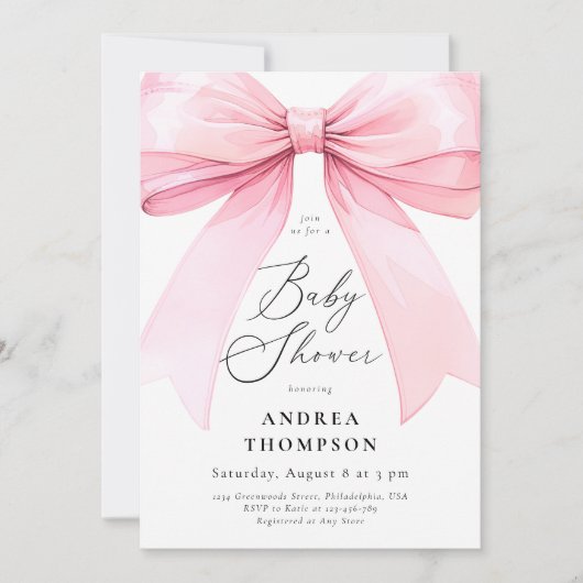 シックエレガントピンクコケット弓ベビーシャワーガール 招待状 (正面)