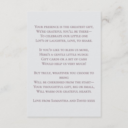 シックエレガントピンクコケット弓ベビーシャワー エンクロージャーカード (裏面)