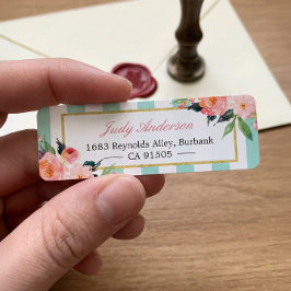シックエレガントピンクフラワーズミントグリーンストライプ ラベル
