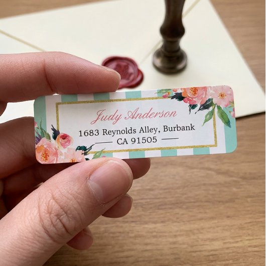 シックエレガントピンクフラワーズミントグリーンストライプ ラベル