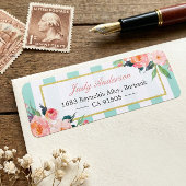 シックエレガントピンクフラワーズミントグリーンストライプ ラベル