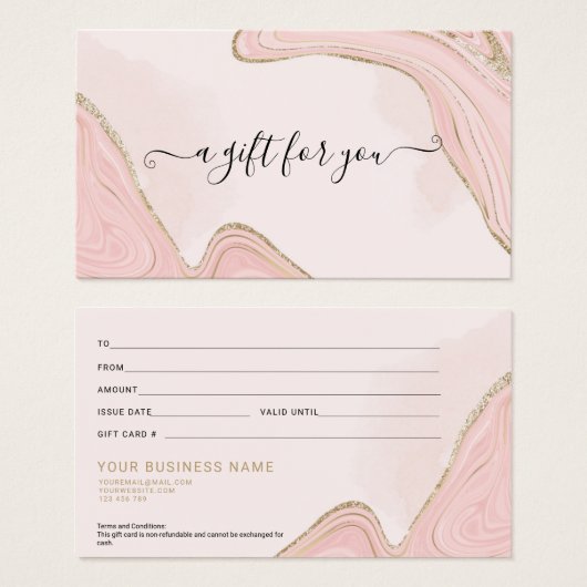 シックエレガントピンク金ゴールド大理石瑪瑙ギフトカード (正面&裏面)