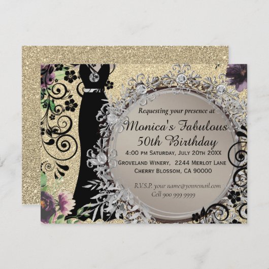 シックエレガントファブラス50th誕生日 案内状 (正面/裏面)