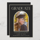 シックエレガントフォトブラックモダンアーチ卒業 案内状 (正面/裏面)