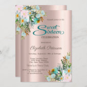 シックエレガントフラワーズバラ金ゴールドスウィート16 招待状 (正面/裏面)