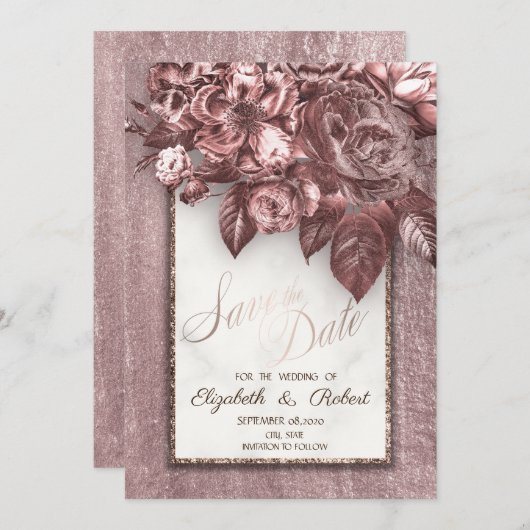 シックエレガントフラワーブルゴーニュ日付を保存 セーブザデート (正面/裏面)