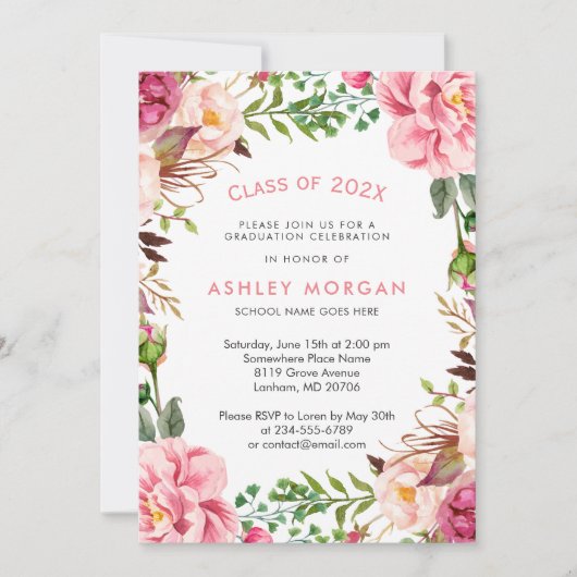 シックエレガントフローラガーリー卒業パーティー 招待状 (正面)