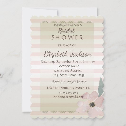 シックエレガントフローラストライプのブライダルシャワー 招待状 (正面)