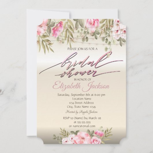 シックエレガントフローラストリングライトブライダルシャワー 招待状 (正面)