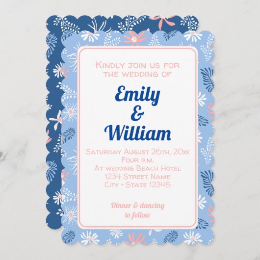 シックエレガントフローラダスティブルー結婚式招待状 招待状 (正面/裏面)