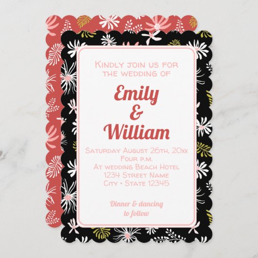 シックエレガントフローラブラックピンク結婚式招待状 招待状 (正面/裏面)