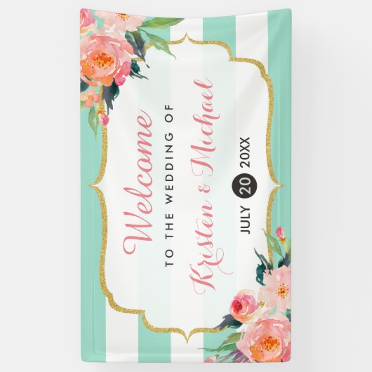 シックエレガントフローラミントグストライプリーン結婚ズ 横断幕 (縦)