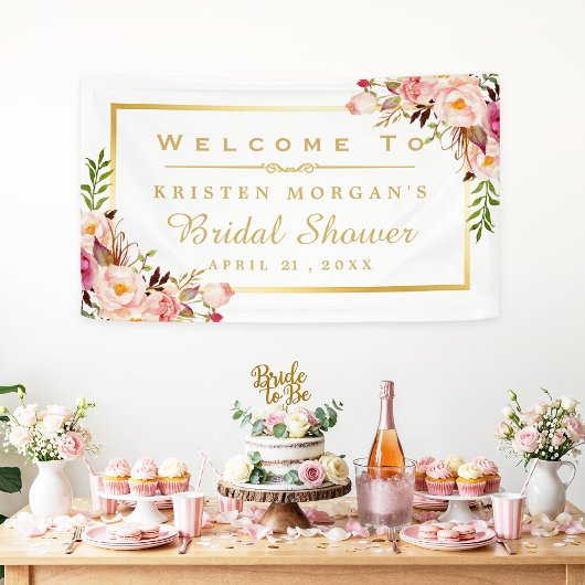 シックエレガントフローラ金ゴールドフレームブライダルシャワー 横断幕