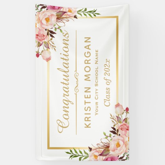 シックエレガントフローラ金ゴールドフレーム卒業パーティー 横断幕 (縦)