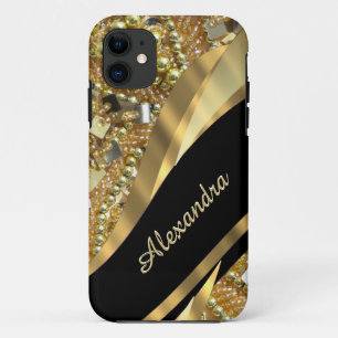 シックエレガントブラックと金ゴールドきらきら光るパーソナライズされた iPhone 11 ケース