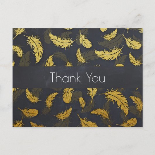 シックエレガントブラックと金ゴールドフェザーありがとう ポストカード (正面)