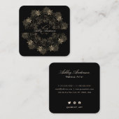 シックエレガントブラックと金ゴールドフローラスクリプトモノグラム スクエア名刺 (正面/裏面)